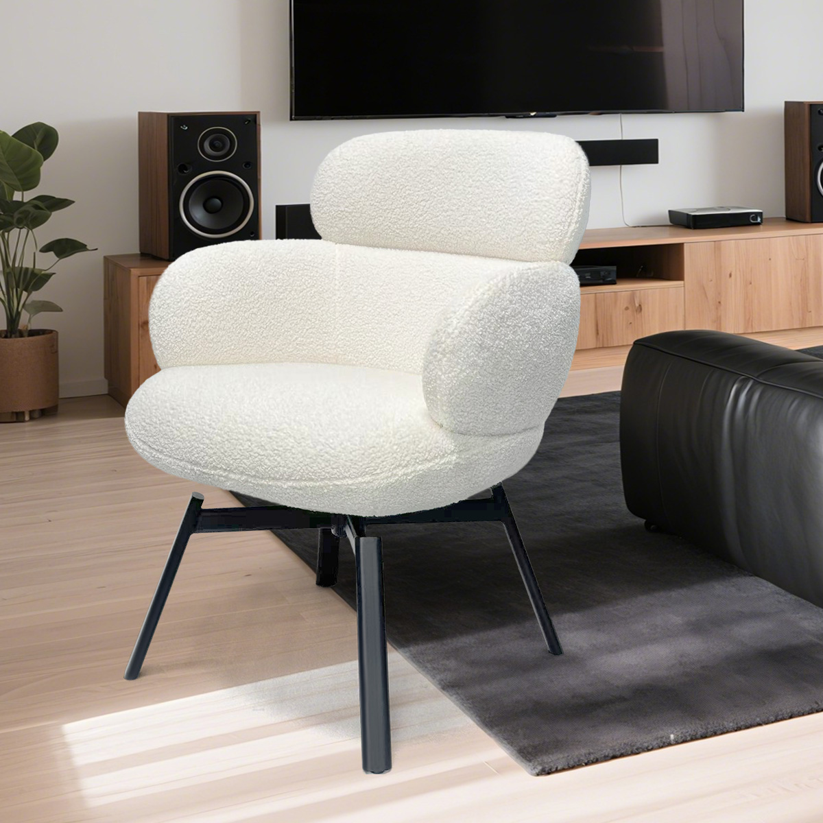 Moderno Bouclé Branco/Teddy Freece Fabric Swivelge Cadeir com assento extra em largura e pernas de metal