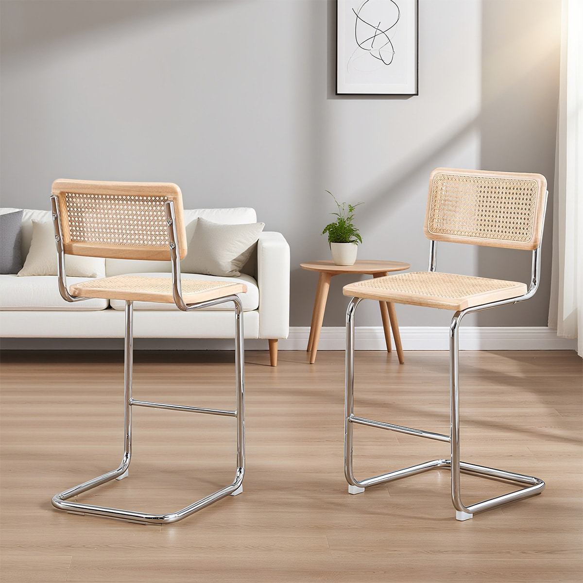 Modern Rattan Cantilever de meados do século Stool-bengala natural de volta e assento com quadro de metal cromado