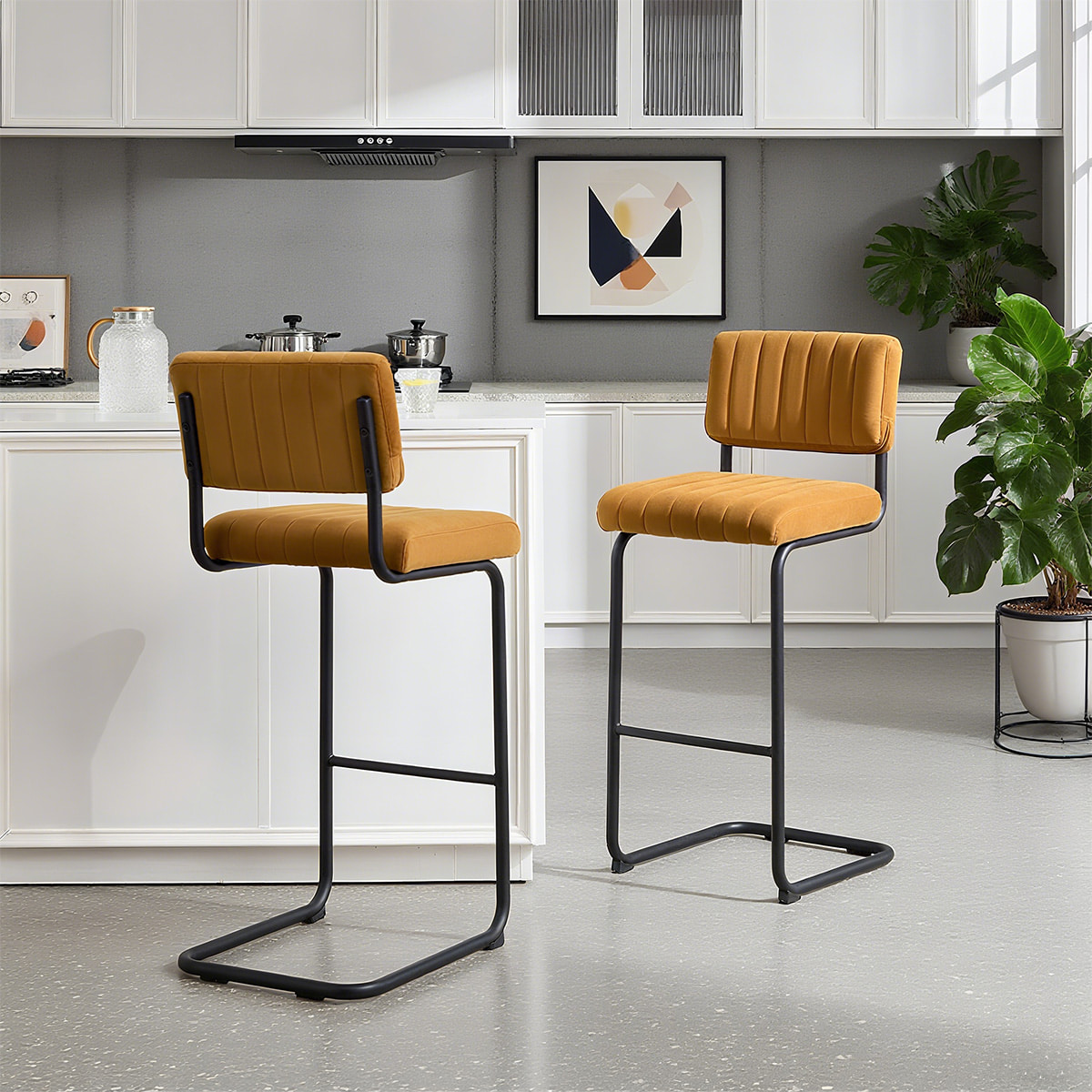 Modern Velvet Cantilever Bar Modern Cantilever Banco-assento estofado tufado com encosto e moldura de metal preto fosco