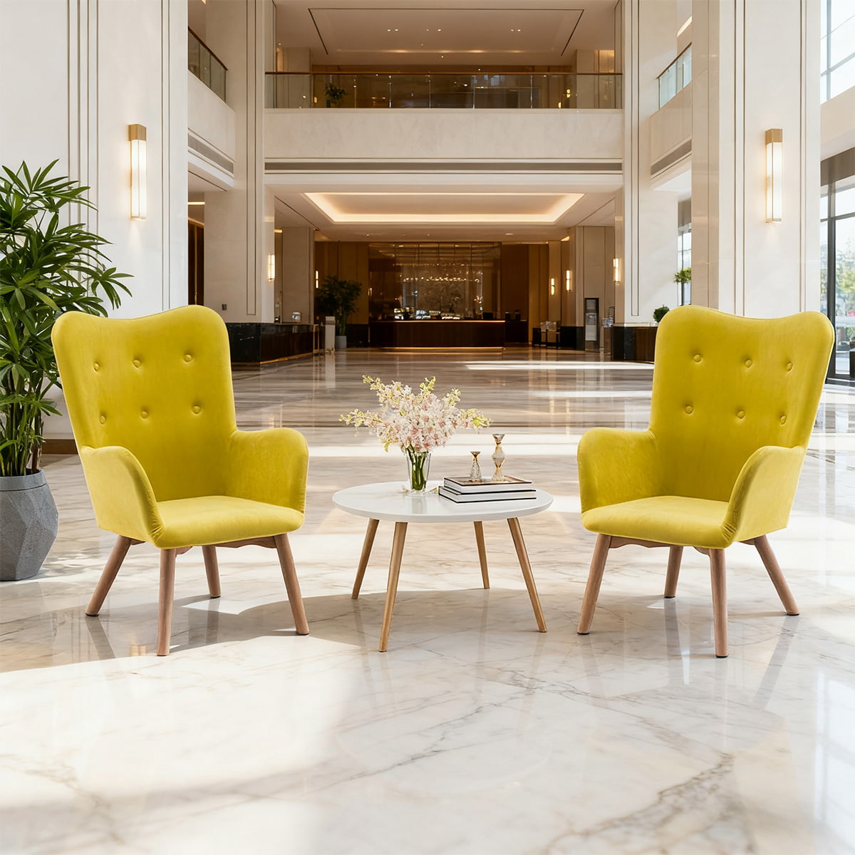 Poltrona moderna com detalhes em veludo amarelo - cadeira de lazer tufada com costas laterais e pernas de madeira e apoios de braços para sala de estar, quarto ou escritório